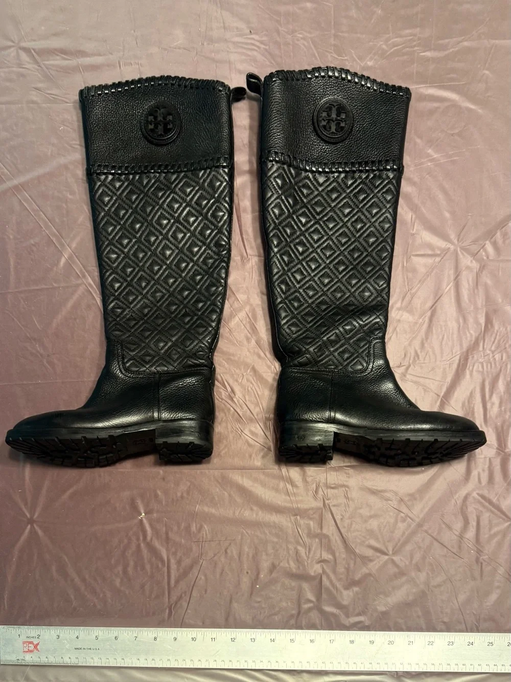 Tory Burch Marion Quilted Tall Riding Boot Black Leather Size 5.6 MSRP $598